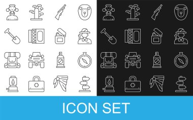 Set line Road traffic sign Compass Hunter Hunting gun Matchbox and matches Shovel African tribe male and Lighter icon. Vector.