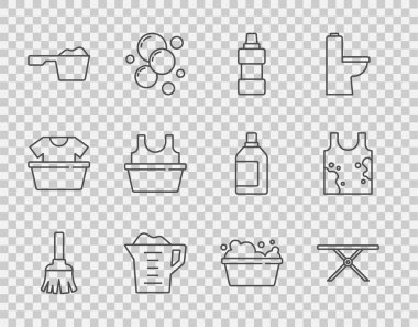Set line Feather broom Ironing board Bottle for cleaning agent Washing powder Basin with shirt soap suds and Dirty t-shirt icon. Vector.