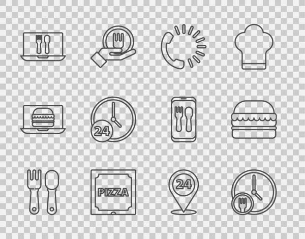 Set line Fork and spoon Round the clock delivery Food ordering Pizza cardboard box Online Clock 24 hours and Burger icon. Vector.