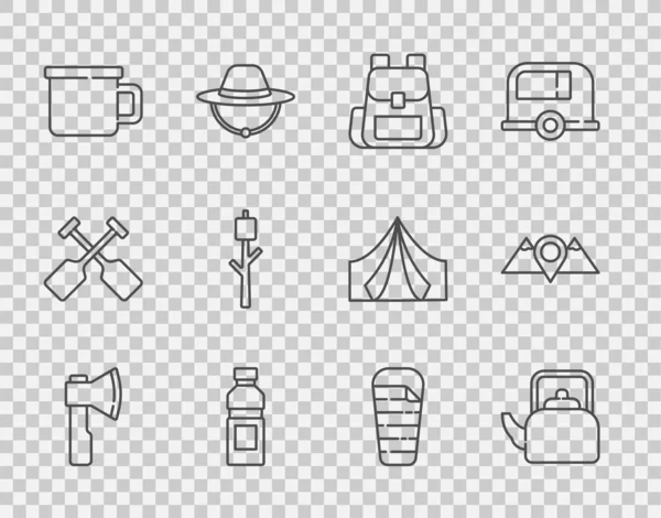 Set line Wooden axe Kettle with handle Hiking backpack Bottle of water Camping metal mug Marshmallow on stick Sleeping bag and Location mountains icon. Vector.