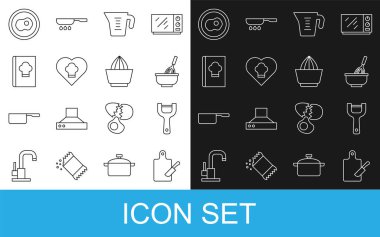 Set line Cutting board and knife Vegetable peeler Kitchen whisk with bowl Measuring cup Chef hat Cookbook Scrambled eggs and Citrus fruit juicer icon. Vector.