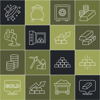 Set line Gold bars exchange money Safe with gold Molten being poured ring and Growth arrow icon. Vector.