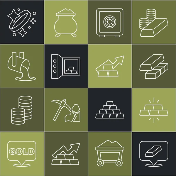 Set line Gold bars exchange money Safe with gold Molten being poured ring and Growth arrow icon. Vector.