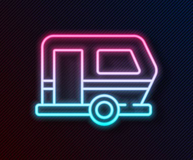 Parlayan neon hattı Rv Kamp karavanı simgesi siyah arkaplanda izole edildi. Gezici ev, karavan, yolculuk için ev karavanı. Vektör.