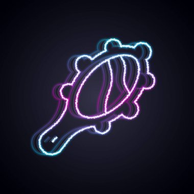 Parlayan neon hattı sihirli el aynası ikonu siyah arkaplanda izole edildi. Vektör.