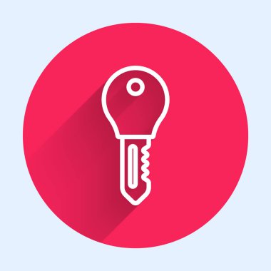 Beyaz Hat Otel kapı kilidi anahtar simgesi uzun gölge arkaplan izole. Kırmızı daire düğmesi. Vektör.