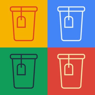Pop art line Cup with tea bag icon isolated on color background. Vector.