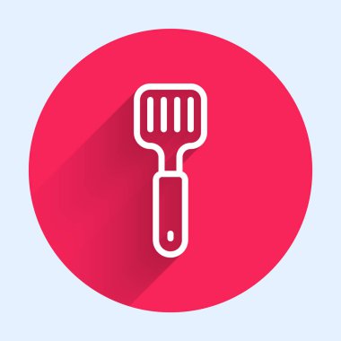 White line Spatula icon isolated with long shadow background. Kitchen spatula icon. BBQ spatula sign. Barbecue and grill tool. Red circle button. Vector.