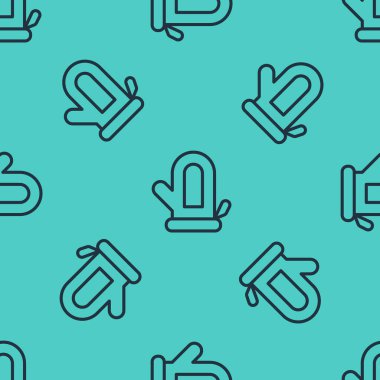 Black line Sauna mitten icon isolated seamless pattern on green background. Mitten for spa. Vector.