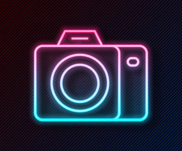 Gloeiende Neon Lijn Fotocamera Icoon Geïsoleerd Zwarte Achtergrond Foto Camera — Stockvector