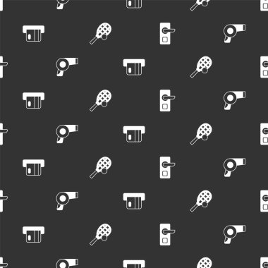 Set Digital door lock Hair dryer Credit card and Tennis racket with ball on seamless pattern. Vector.