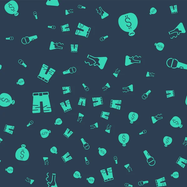 Set Glass bong for smoking marijuana Money bag Wide pants and Microphone on seamless pattern. Vector.