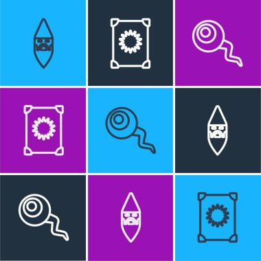 Set line Wizard warlock, Eye and Ancient magic book icon. Vector.