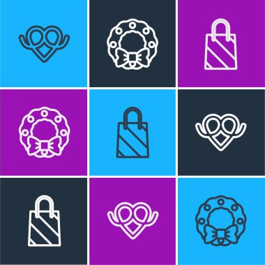 Set line Pretzel, Christmas shopping bag and wreath icon. Vector.