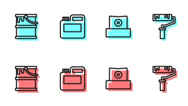 Set line Spray can nozzle cap, Paint bucket, Paint, gouache, jar, dye and roller brush icon. Vector.