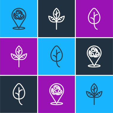 Set line Vegan food diet, Leaf or leaves and icon. Vector.