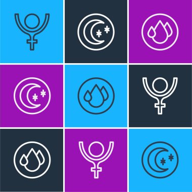 Set line Symbol Pluto Water drop and Moon and stars icon. Vector.