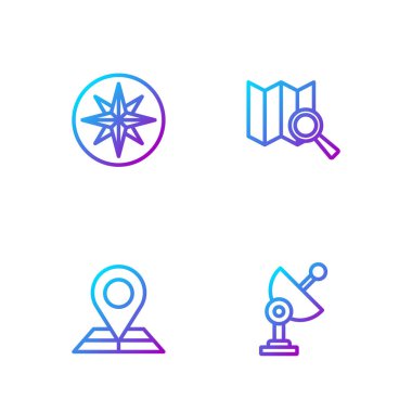 Set line Radar Folded map with location marker Wind rose and Search. Gradient color icons. Vector.