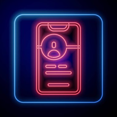 Glowing neon Dating app online mobile concept icon isolated on black background. Female male profile flat design. Couple match for relationship. Vector.