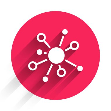 White Molecule icon isolated with long shadow background. Structure of molecules in chemistry, science teachers innovative educational poster. Red circle button. Vector.