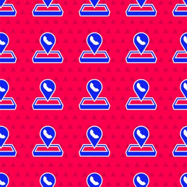 Blue Map pointer with telephone or communication icon isolated seamless pattern on red background. Call center location. Vector.