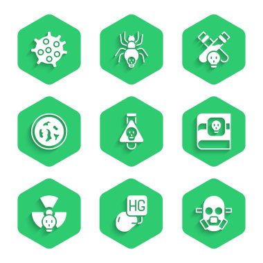 Set Bottle with potion Drop of mercury Gas mask Book about poisons Radioactive Petri dish bacteria and Bacteria icon. Vector.