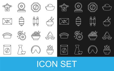 Set line Chinese tea ceremony Sushi cutting board Rice bowl with chopstick Yin Yang paper lantern and envelope and Decree paper parchment scroll icon. Vector.