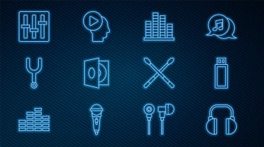 Set line Headphones USB flash drive Music equalizer Vinyl player with vinyl disk Musical tuning fork Sound mixer controller Drum sticks and people button icon. Vector.