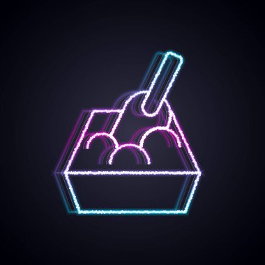Siyah arka planda izole edilmiş kürek ikonu olan parlak neon çizgi kedi kumu tepsisi. Kürekli kum havuzu kedisi. Vektör.