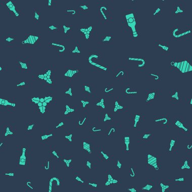 Set Christmas candy cane, Champagne bottle, Branch viburnum and ball on seamless pattern. Vector.