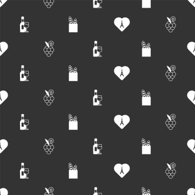 Set Eiffel tower with heart Grape fruit Wine bottle glass and French baguette bread on seamless pattern. Vector.