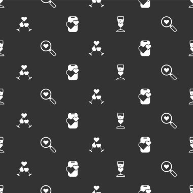 Set Glass of champagne Search heart and love and Dating app online mobile on seamless pattern. Vector.