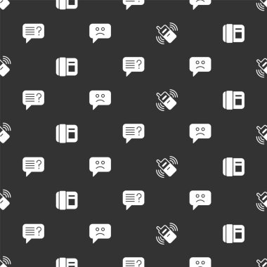 Set Mobile phone Telephone handset Unknown search and Sad smile on seamless pattern. Vector.