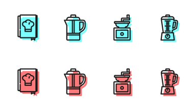 Set line Manual coffee grinder, Cookbook, Teapot and Blender icon. Vector.