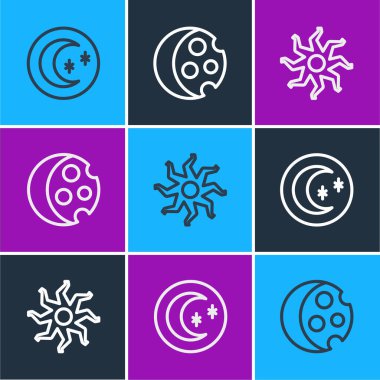 Set line Moon and stars Sun and Eclipse of the sun icon. Vector.