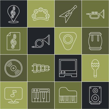 Set line Stereo speaker Maracas Drum Electric bass guitar Trumpet Treble clef and Guitar pick icon. Vector.