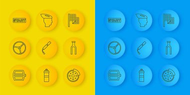 Set line Bicycle pedal wheel air pump brake disc fork Ribbon in finishing line Checkered flag and helmet icon. Vector.
