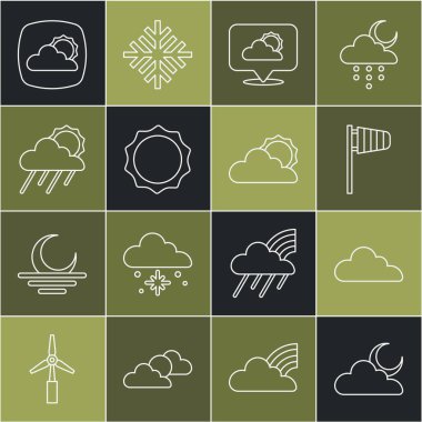 Set line Cloud with moon Cone windsock wind vane Location cloud Sun rain and sun Weather forecast and weather icon. Vector.