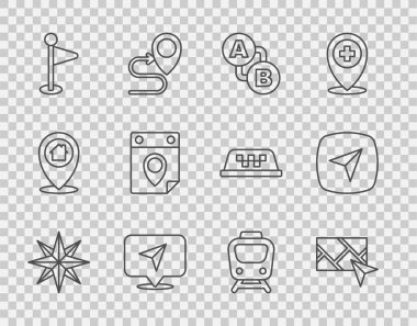 Set line Wind rose City map navigation Route location Infographic of city Location marker Travel planning calendar Train and icon. Vector.
