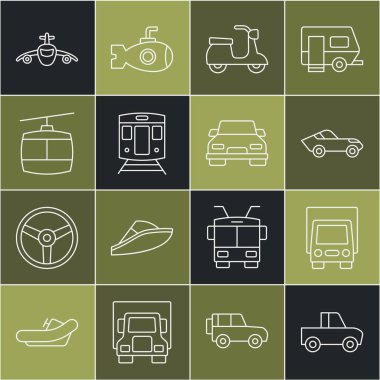 Set line Pickup truck Delivery cargo Car Scooter Train and railway Cable Plane and icon. Vector.