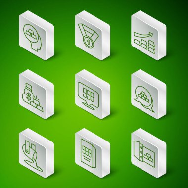 Set line Safe with gold bars Gold 24k Bag of medal Molten being poured and icon. Vector.