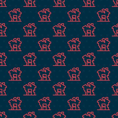 Red line Ruined house icon isolated seamless pattern on black background. Broken house. Derelict home. Abandoned home. Vector.