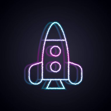 Parlayan neon hattı roket oyuncak ikonu siyah arka planda izole edildi. Uzay yolculuğu. Vektör.