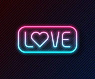 Glowing neon line Love text icon isolated on black background. Valentines day greeting card template. Vector.