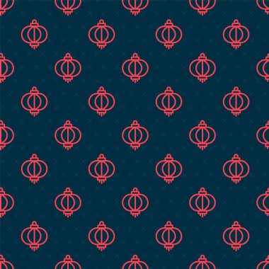 Red line Chinese paper lantern icon isolated seamless pattern on black background. Vector.