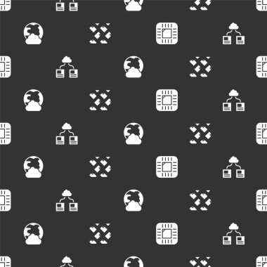Set Processor with CPU, Cloud technology data transfer, Social network and Data stream on seamless pattern. Vector.