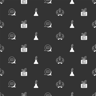 Set Leaf in hand Eco symbol and Plant breeding on seamless pattern. Vector.