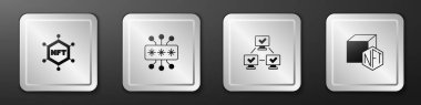 Set NFT blockchain technology Cyber security and Digital crypto art icon. Silver square button. Vector.