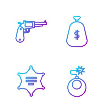 Set line Bomb ready to explode, Hexagram sheriff, Revolver gun and Money bag. Gradient color icons. Vector.