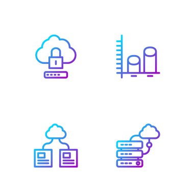 Set line Network cloud connection, Cloud technology data transfer, computing lock and Data analysis. Gradient color icons. Vector.